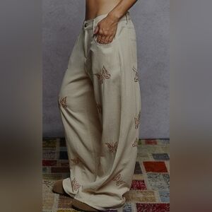 POL Butterfly Embroidered Tan Wide-Leg Pants